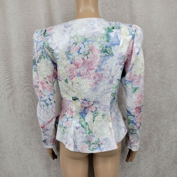 Ann Hobbs Vintage 80s Pastel Floral Tapestry Hourglass Peplum Blazer - Picture 10 of 15